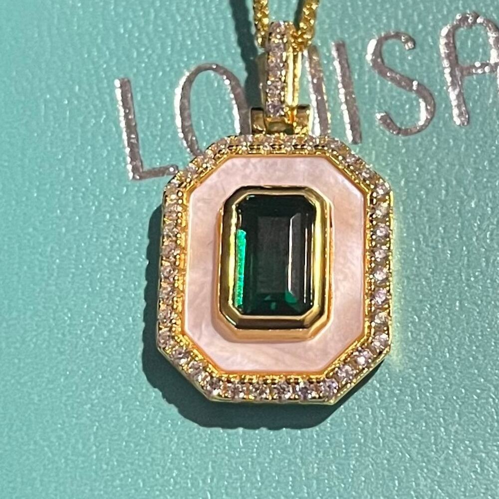 Emerald, Mother Of Pearl, and CZ Halo Pendant 14k Gold over Sterling Silver 18”